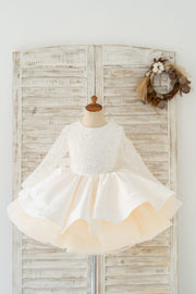 Long Sleeves V Back Crystal Beaded Tulle Satin Wedding