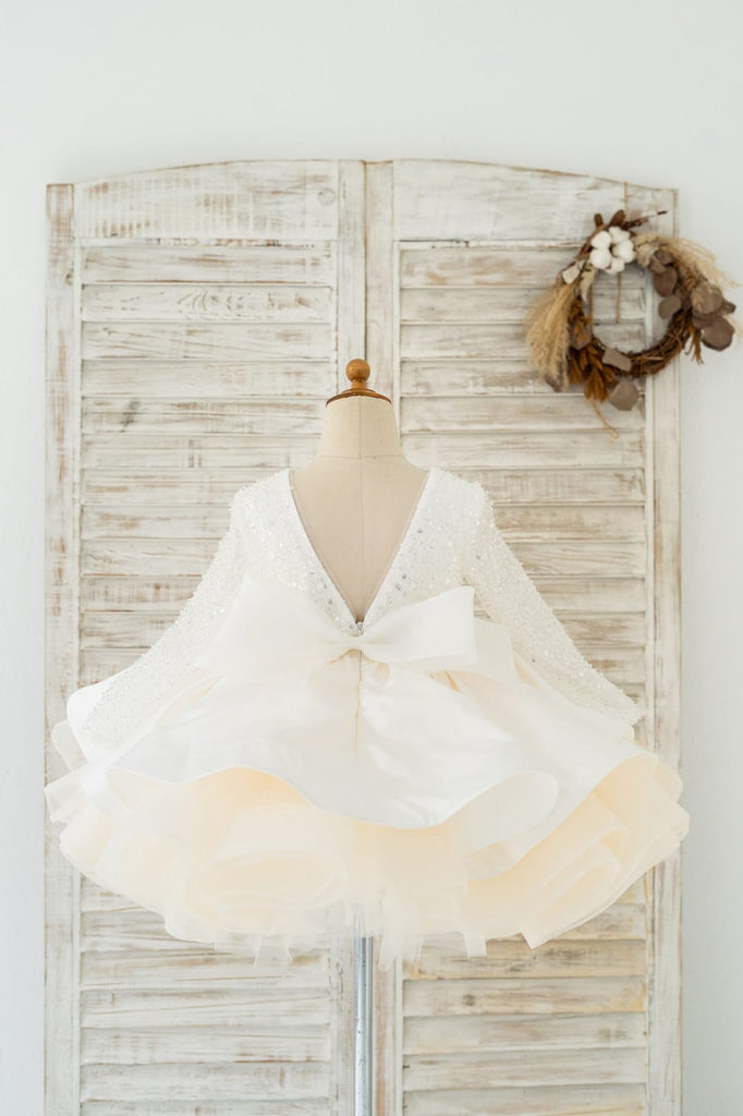 Long Sleeves V Back Crystal Beaded Tulle Satin Wedding