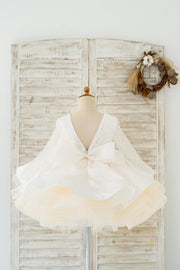 Long Sleeves V Back Crystal Beaded Tulle Satin Wedding