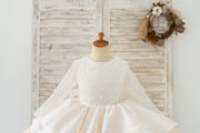 Long Sleeves V Back Crystal Beaded Tulle Satin Wedding