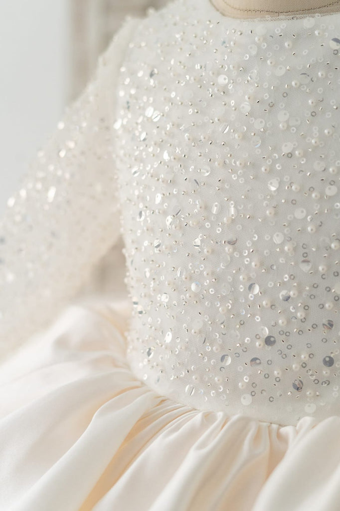 Long Sleeves V Back Crystal Beaded Tulle Satin Wedding