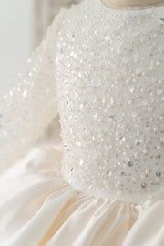Long Sleeves V Back Crystal Beaded Tulle Satin Wedding