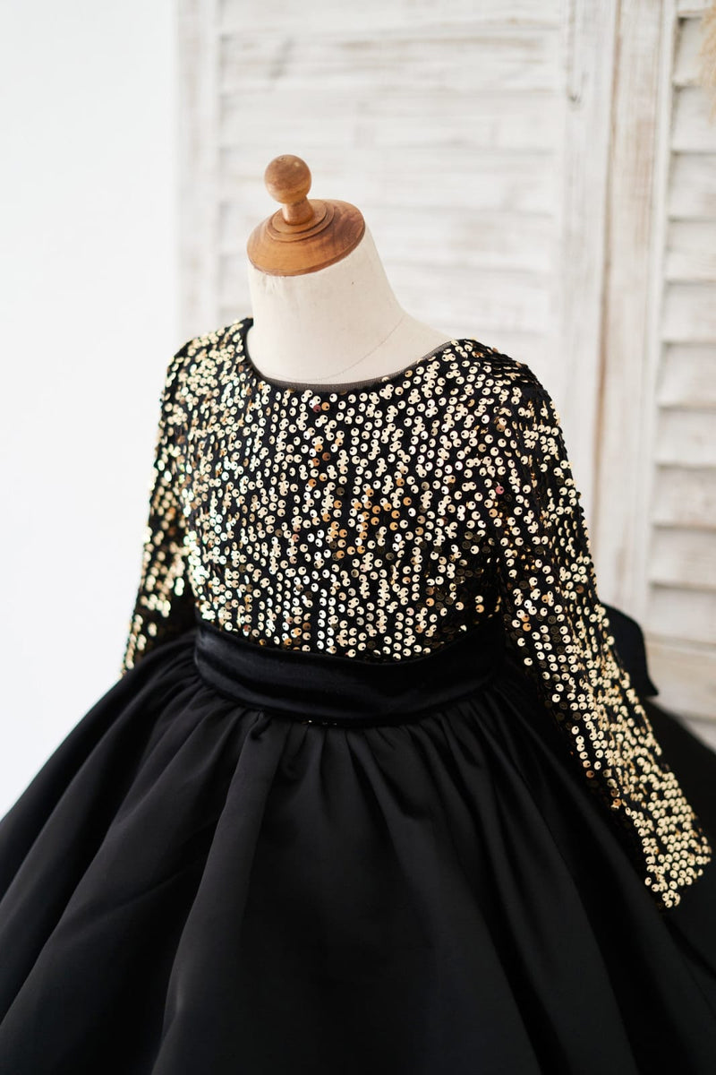 Long Sleeves Gold Sequin Black Satin V Back Flower Girl Dress 10T Long Sleeves Gold Sequin Black Satin V Back Flower Girl Dress 10T