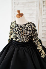 Long Sleeves Gold Sequin Black Satin V Back Wedding Flower