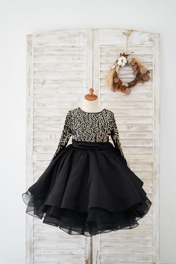 Long Sleeves Gold Sequin Black Satin V Back Wedding Flower