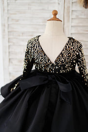 Long Sleeves Gold Sequin Black Satin V Back Wedding Flower
