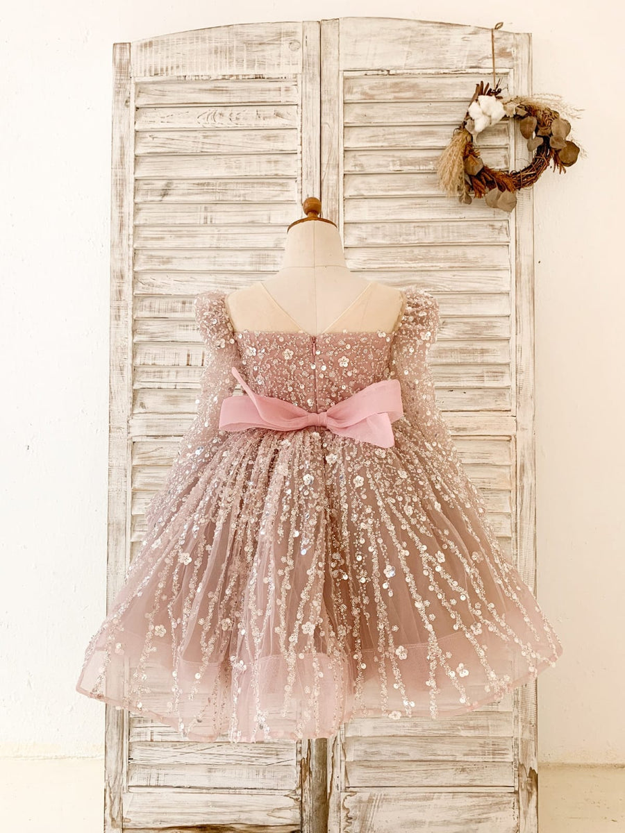 Beading Lapel Long Sleeves Princess Flower Girl Party Dress with Crystals