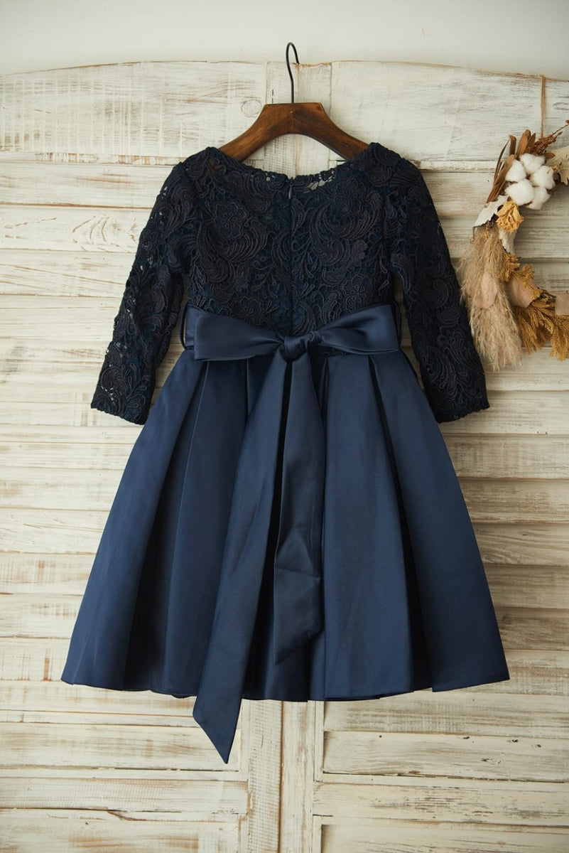 Long Sleeves Navy Blue Lace Satin Wedding Flower Girl Dress, Belt 2T Long Sleeves Navy Blue Lace Satin Wedding Flower Girl Dress, Belt 2T