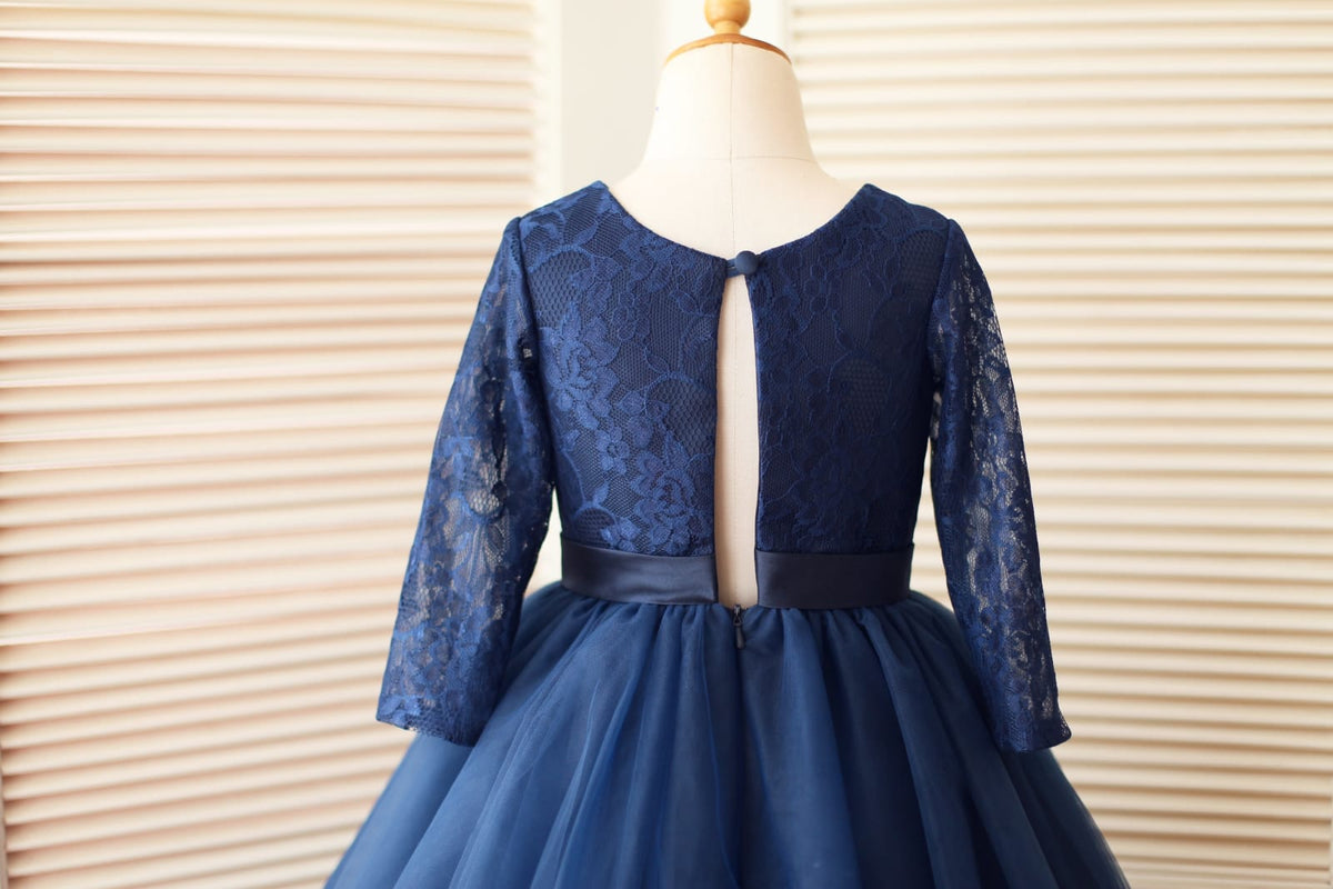 Navy Blue Lace Tulle Long Sleeves Wedding Flower Girl Dress 4T Navy Blue Lace Tulle Long Sleeves Wedding Flower Girl Dress 4T