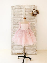Long Sleeves Pink Crystal Beaded Wedding Flower Girl Dress