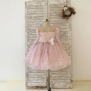 Long Sleeves Pink Crystal Beaded Wedding Flower Girl Dress