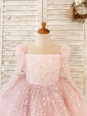 Long Sleeves Pink Crystal Beaded Wedding Flower Girl Dress