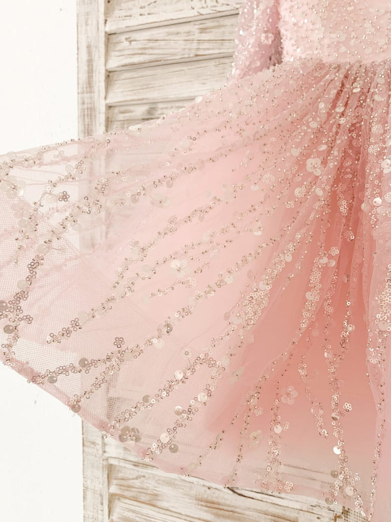Long Sleeves Pink Crystal Beaded Wedding Flower Girl Dress