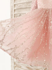 Long Sleeves Pink Crystal Beaded Wedding Flower Girl Dress