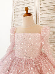 Long Sleeves Pink Crystal Beaded Wedding Flower Girl Dress