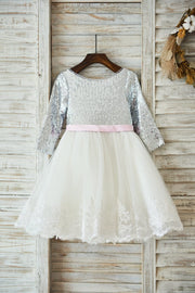 Long Sleeves Silver Sequin Ivory Lace Tulle Deep V Back
