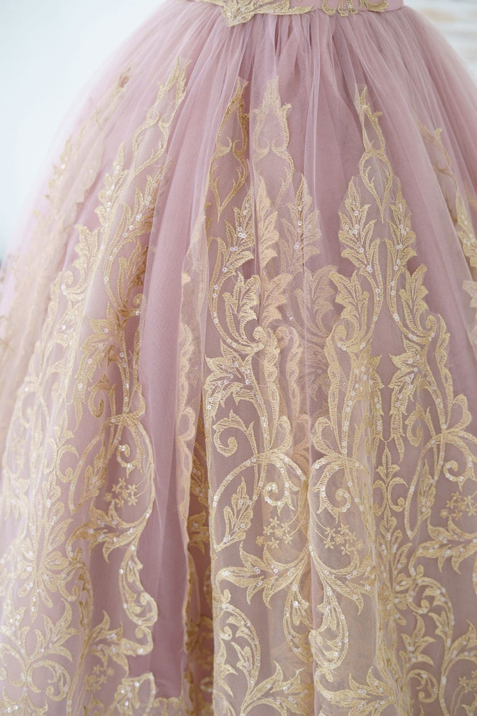 Mauve Tulle Gold Lace Sheer Back Wedding Flower Girl Dress