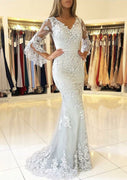 Mermaid Double V Neck Bell Sleeve Tulle White Wedding Evening Dress, Lace