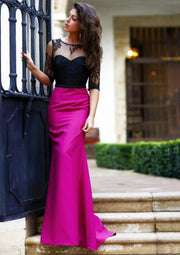 Mermaid Half Sleeve Open Back Black Lace Fuchsia Satin Prom