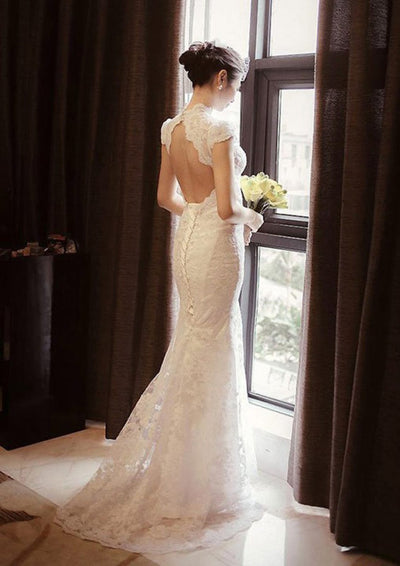 Mermaid High-Neck Cap Sleeve Sweep Train Lace Wedding Dress 