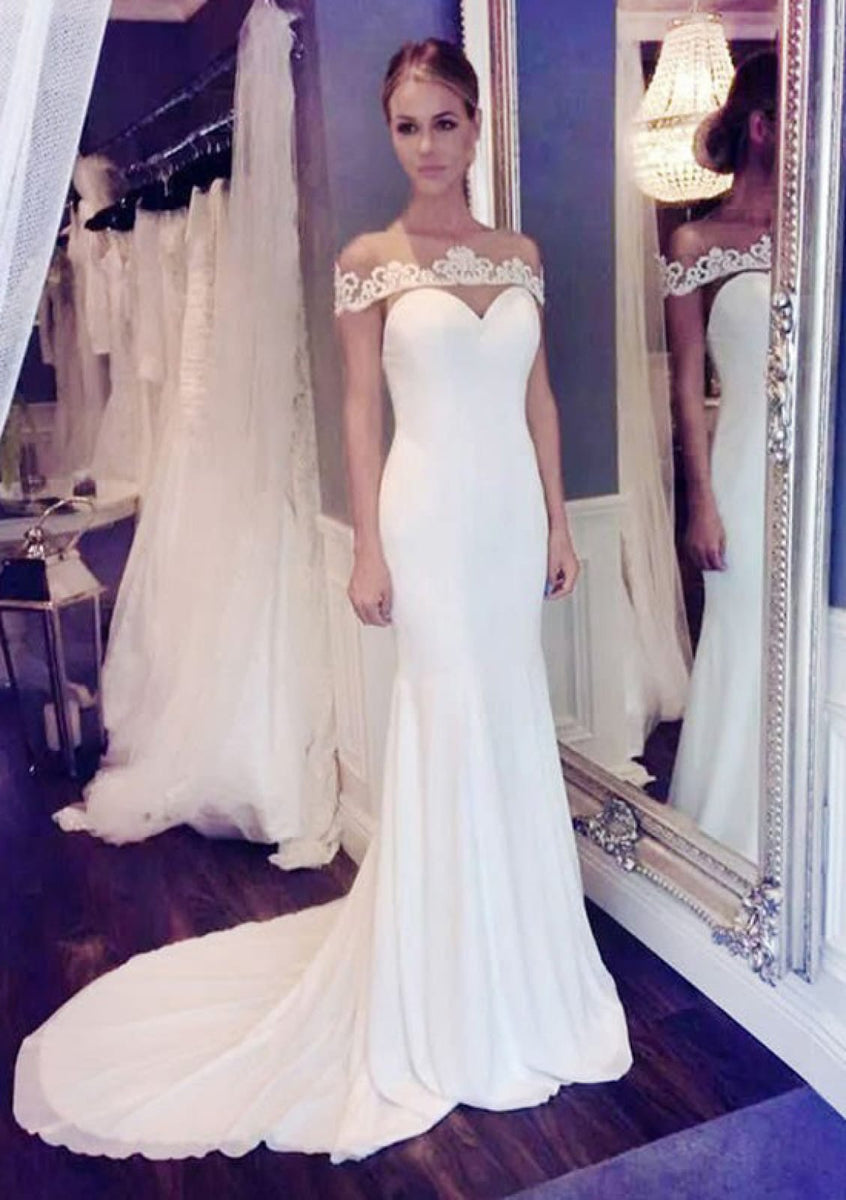 Charming Champagne Cold Shoulder Long Train Mermaid Wedding Dress with Appliques