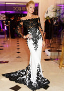 Mermaid Illusion Sleeve Off Shoulder Black White Lace Chiffon Court Celebrity Dress