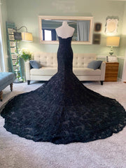 Mermaid Lace 3 in 1 Black Wedding Dress Cape Veil Removable