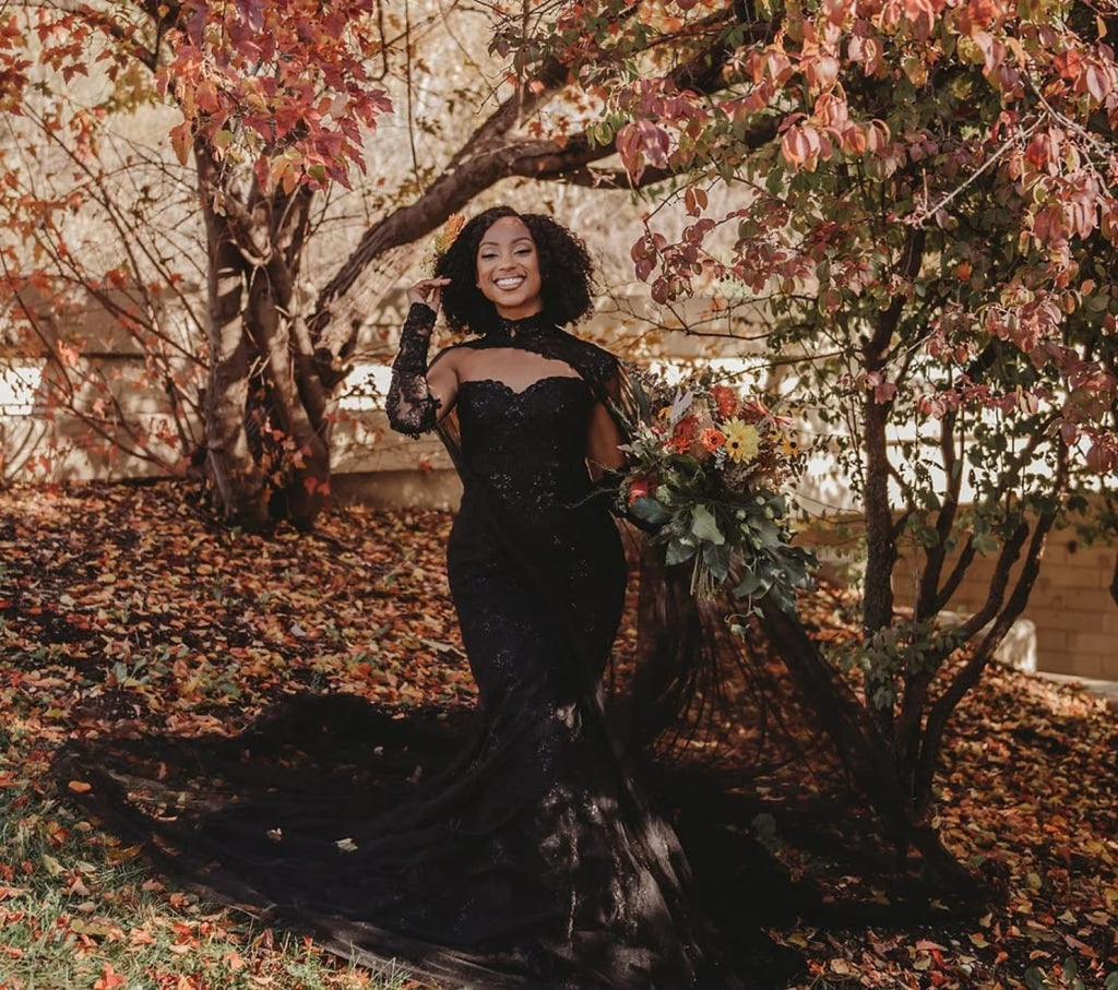 Mermaid Lace 3 in 1 Black Wedding Dress Cape Veil Removable