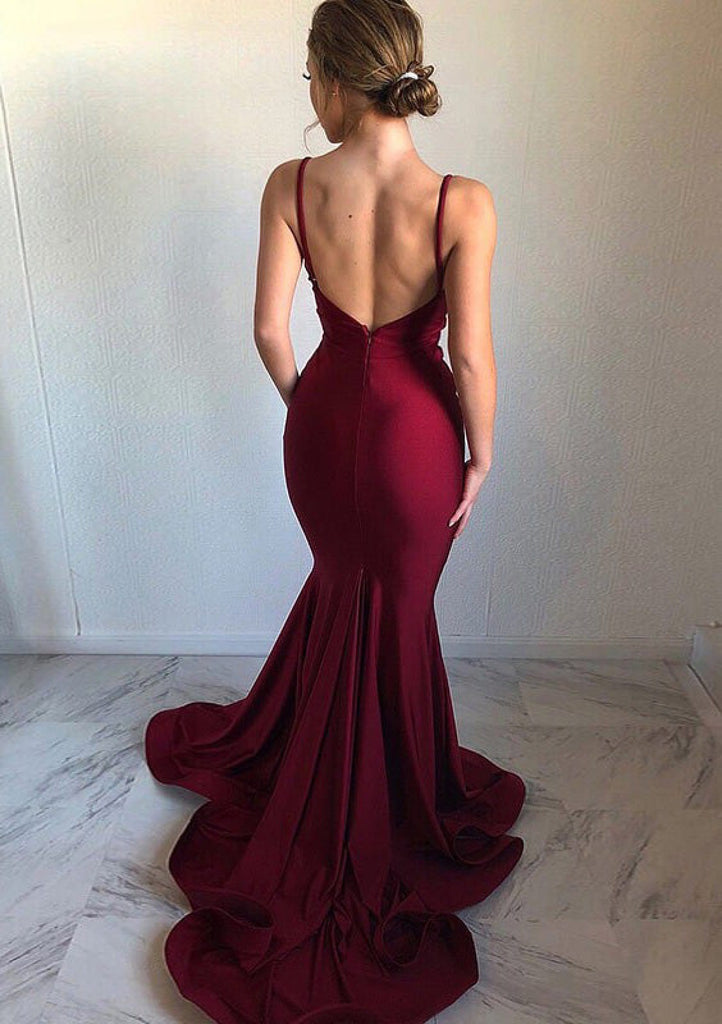 Mermaid V Neck Sleeveless Backless Court Train Charmeuse