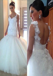 Mermaid V Neck Sleeveless Tulle Wedding Dress Lace Flowers -