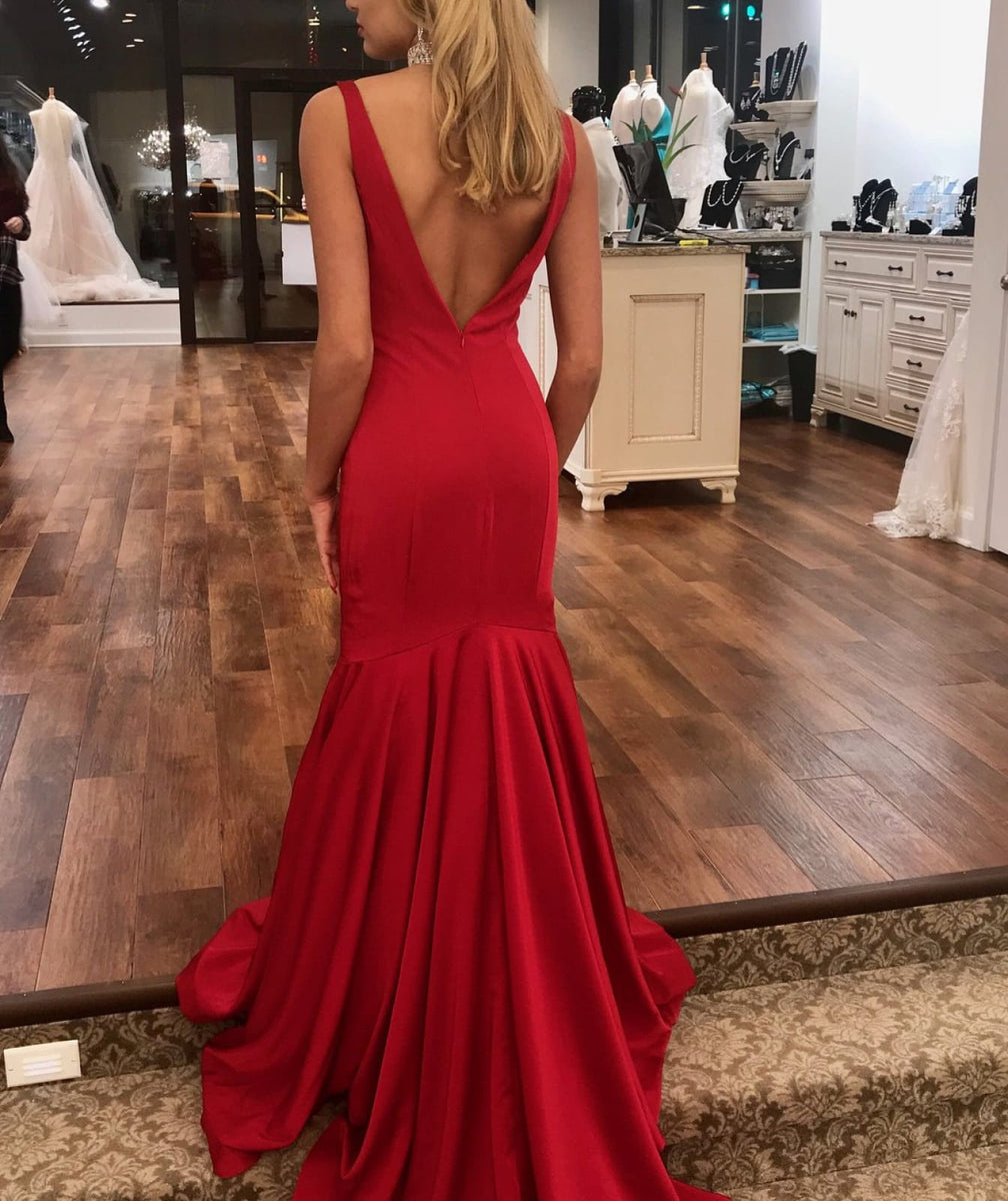 Mermaid Red Chiffon Straps V Back Wedding Party Evening Dress, Sweep T ...