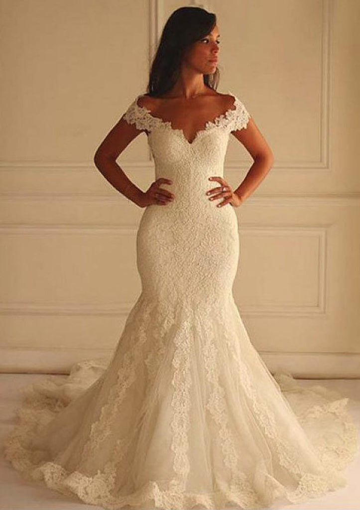 Mermaid Off Shoulder Sleeveless Chapel Lace Wedding Dress -