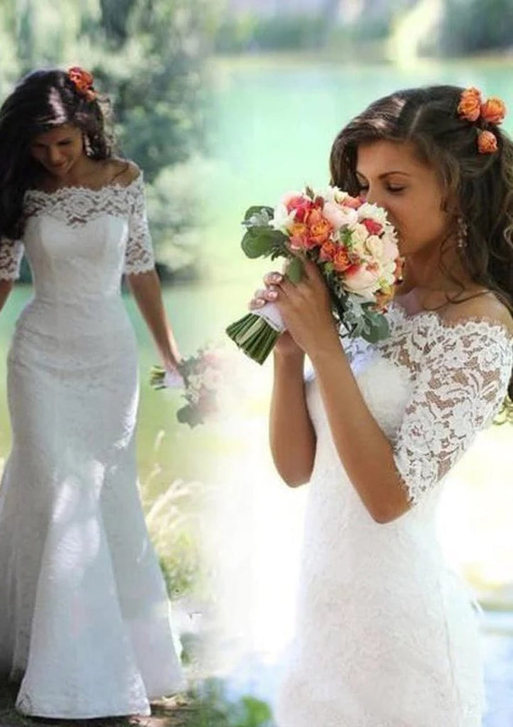 Mermaid Off Shoulder Half Sleeve Court Train Lace Bridal