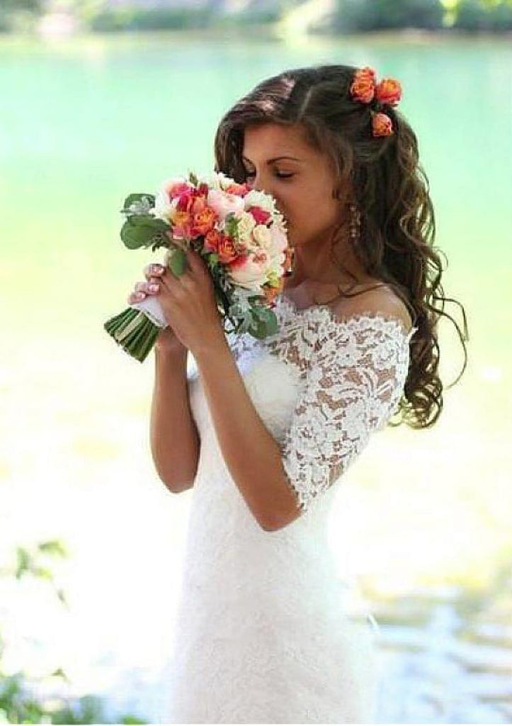 Mermaid Off Shoulder Half Sleeve Court Train Lace Bridal