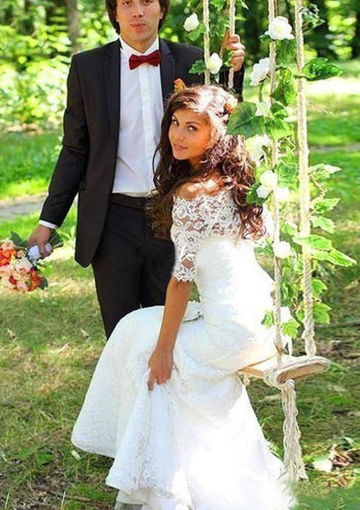 Mermaid Off Shoulder Half Sleeve Court Train Lace Bridal