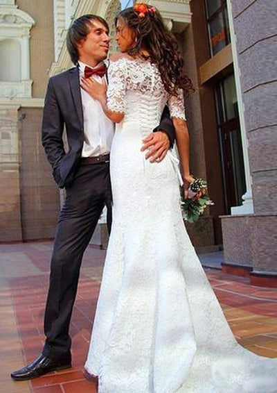 Mermaid Off Shoulder Half Sleeve Court Train Lace Bridal