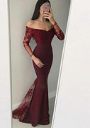 Mermaid Off shoulder Illusion Long Sleeve Fishtail Burgundy Satin Evening Dress, Lace