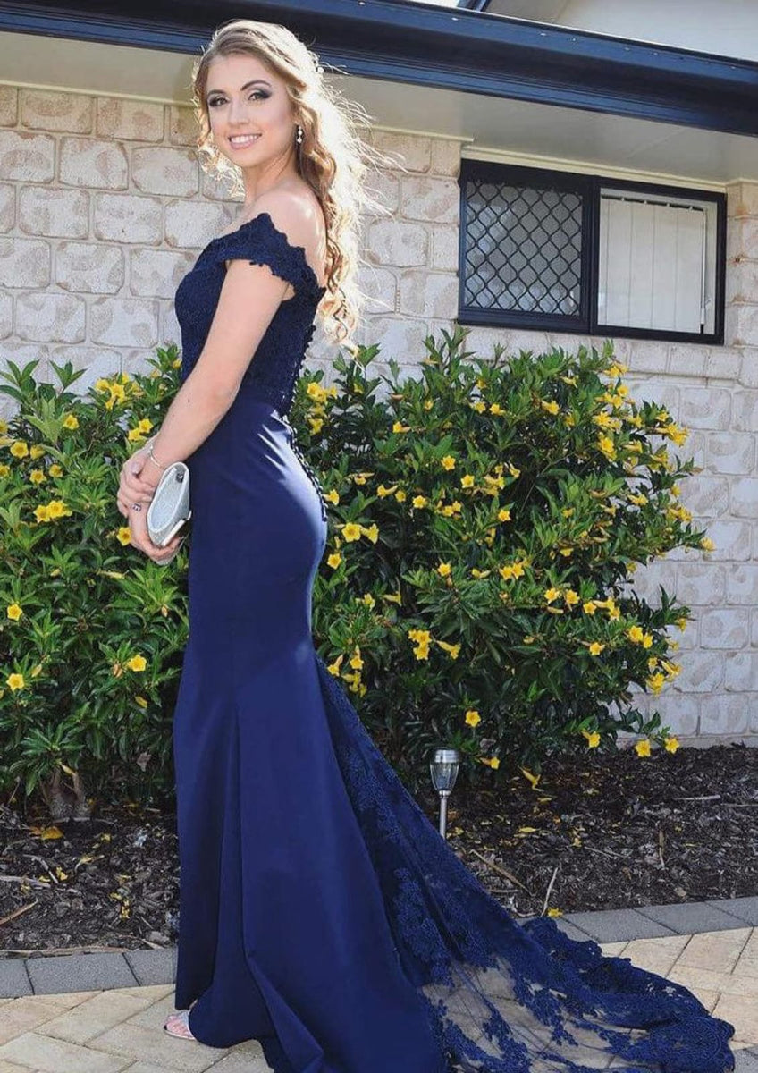 Mermaid Off Shoulder Sleeveless Court Fishtail Navy Blue Satin Prom Dress, Lace Mermaid Off Shoulder Sleeveless Court Fishtail Navy Blue Satin Prom Dress, Lace