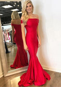 Mermaid Off Shoulder Straight Neck Sweep Red Elastic Satin Evening Dress