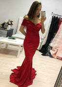 Mermaid Off Shoulder Sweetheart Floor Length Sweep Red Charmeuse Prom Dress