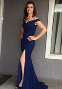 Mermaid Off Shoulder Sweetheart Sweep Navy Blue Lace Evening Dress, Split