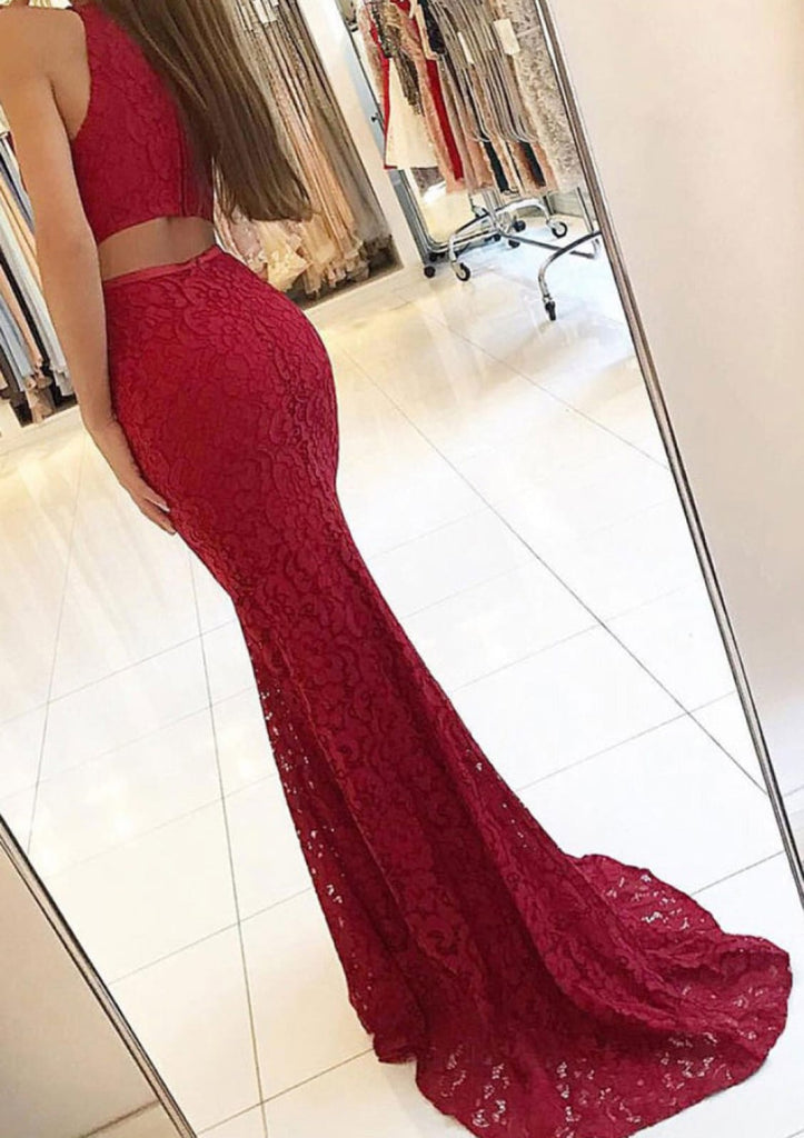 Mermaid Sleeveless High Neck Sweep Burgundy Lace Evening