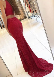 Mermaid Sleeveless High Neck Sweep Burgundy Lace Evening