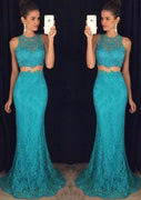 Mermaid Sleeveless Sweep Turquoise Lace Two Piece Long Prom Dress, Beaded