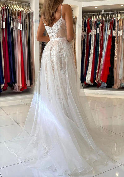 Mermaid Overskirt Court Train Lace Tulle Wedding Dress