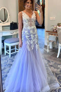 Mermaid / Trumpet Prom Dresses Floral Dress Formal Sweep / Brush Train Sleeveless V Neck Tulle with Ruffles Appliques