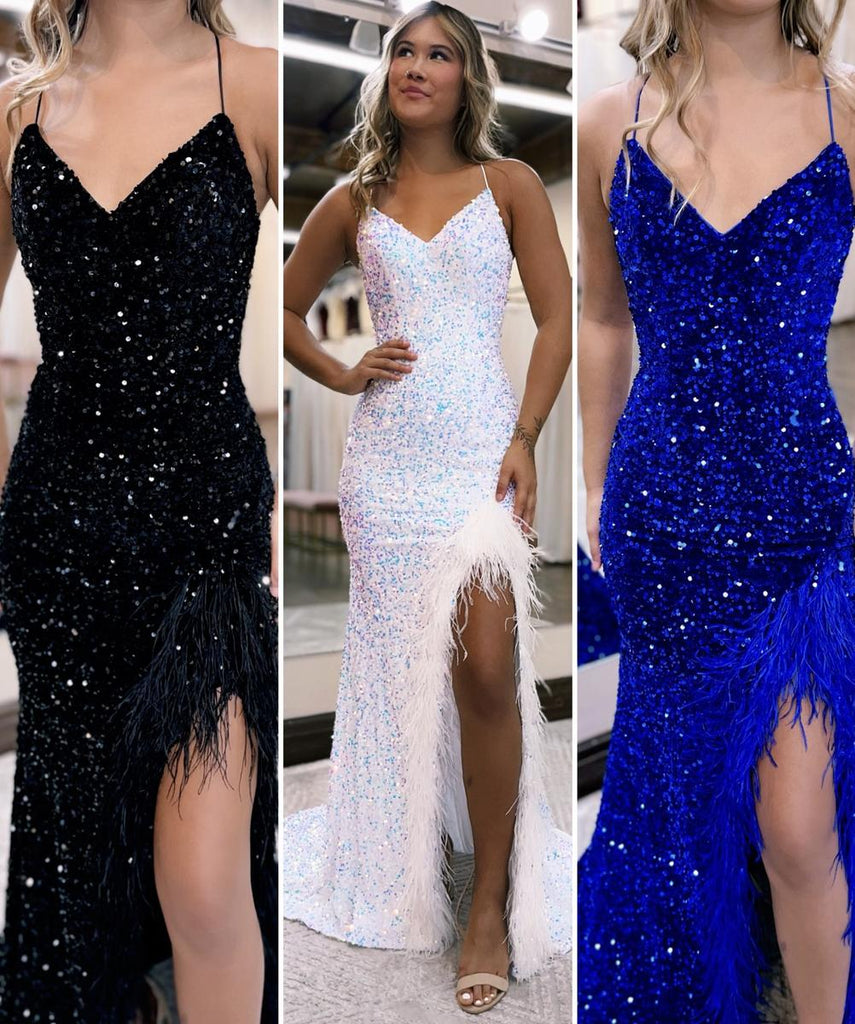 Robe de bal sirène / trompette étincelante et brillante, robe formelle avec traîne, sans manches, décolleté en V, dos nu avec fente en sequins.