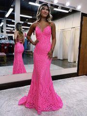 Mermaid / Trumpet Prom Dresses Sparkle & Shine Dress Formal Sweep / Brush Train Sleeveless V Neck Sequined Backless with Glitter Sequin 2024