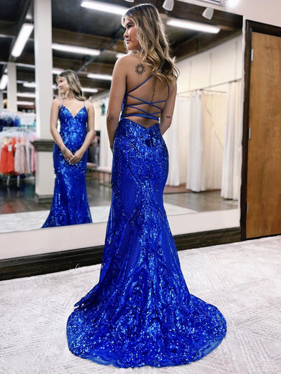 Mermaid / Trumpet Prom Dresses Sparkle & Shine Dress Formal Sweep / Brush Train Sleeveless V Neck Sequined Backless with Glitter Sequin 2024