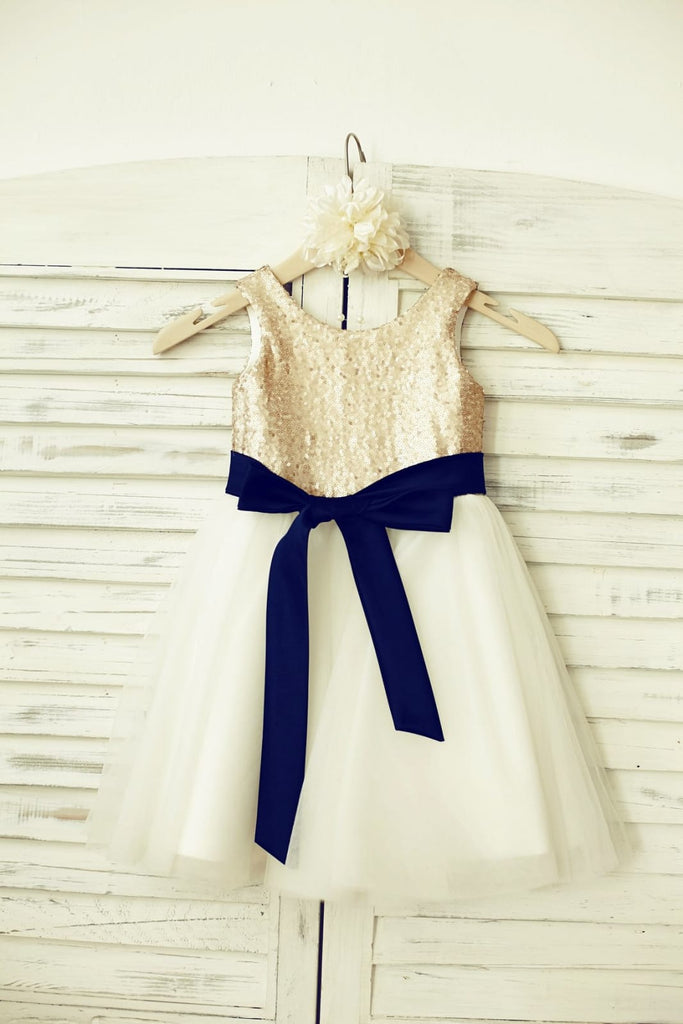 Mint Sequin Ivory Tulle Flower Girl Dress with Navy Blue